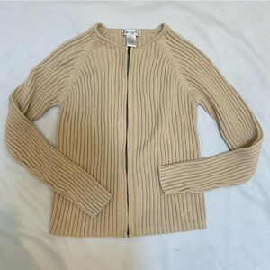 Women’s Vintage Spiegel Zip Front Cable Knit Cotton Sweater Cardigan L Beige